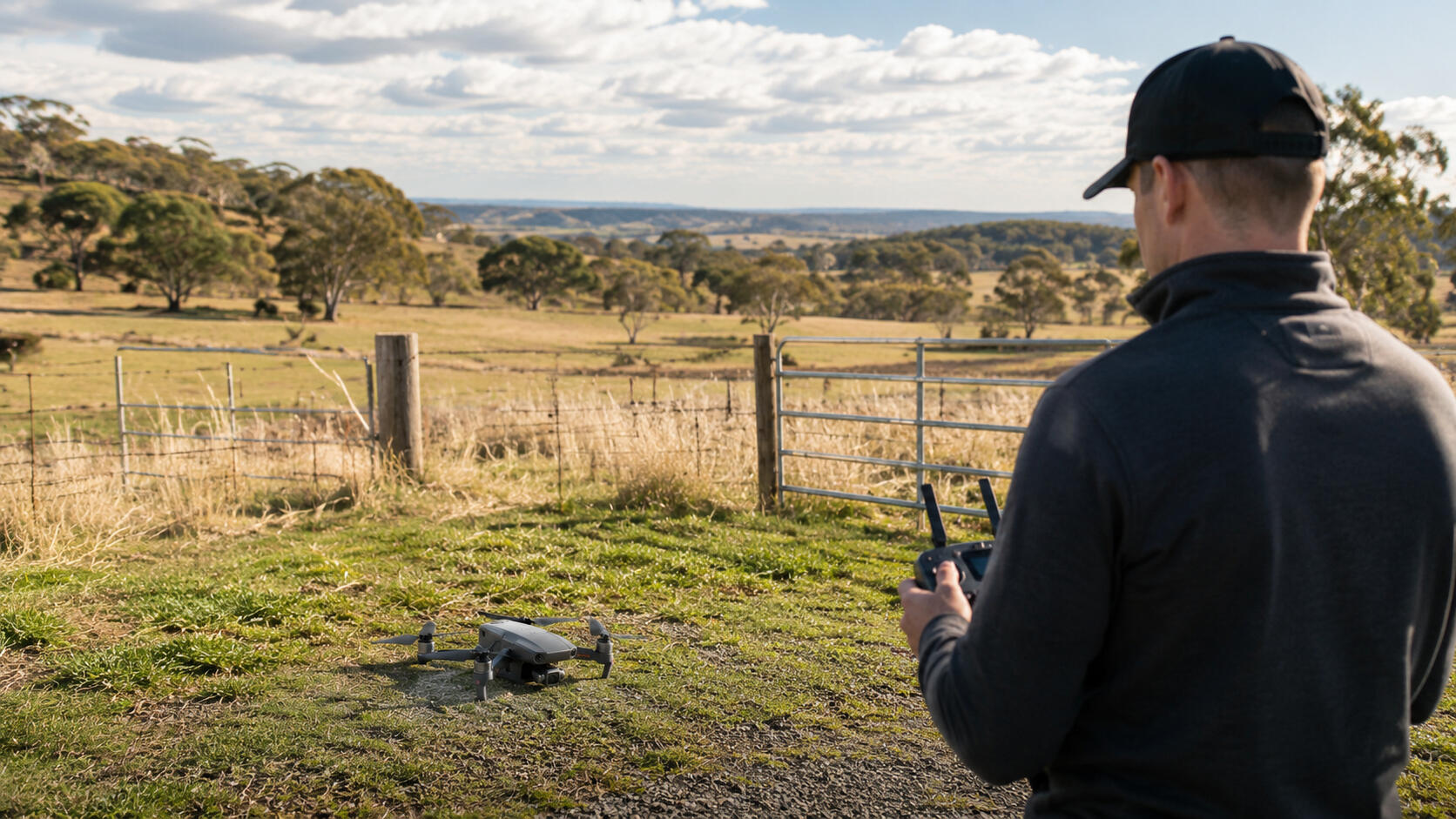Drone operator preparing a flight on a rural property near Geelong.