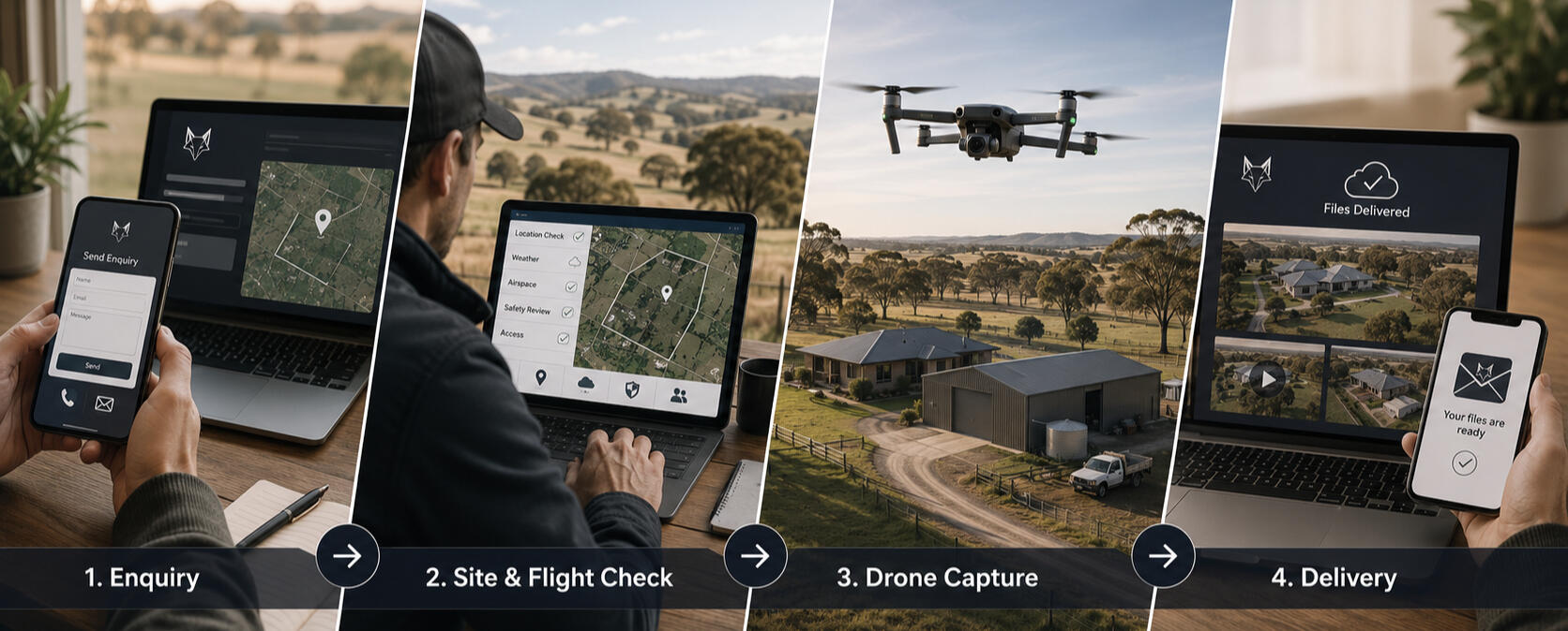 Four-step drone service process showing enquiry, site and flight check, drone capture and digital file delivery.